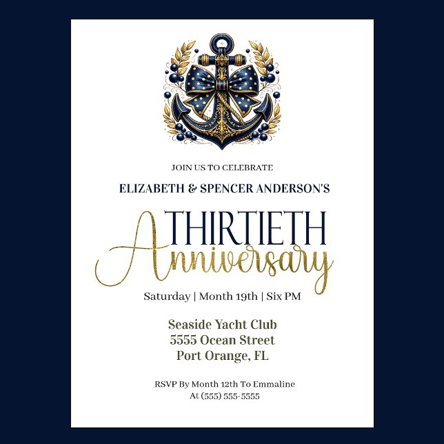 Convite Blue Gold Nautical Anchor 30th Wedding Anniversary (Navy blue and gold nautical anchor 30th wedding anniversary invitation with elegant coastal theme
)