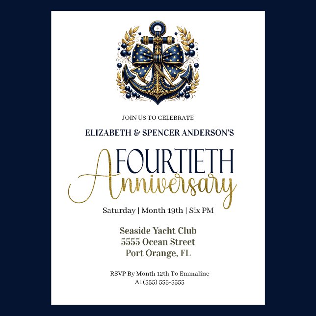 Convite Blue Gold Nautical Anchor 40th Wedding Anniversary (Navy and gold nautical anchor 40th wedding invitation for girl seaside yacht club theme)