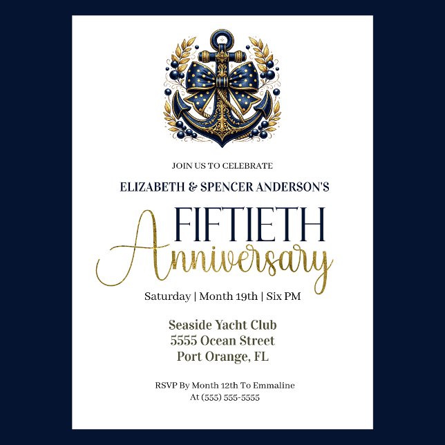 Convite Blue Gold Nautical Anchor 50th Wedding Anniversary (Navy and gold nautical anchor 50th wedding invitation for girl seaside yacht club theme)
