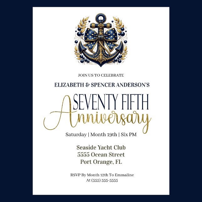 Convite Blue Gold Nautical Anchor 75th Wedding Anniversary (Navy and gold nautical anchor 75th wedding invitation for girl seaside yacht club theme
)