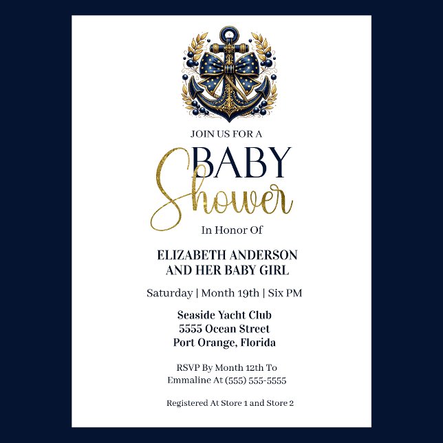 Convite Blue Gold Nautical Anchor Boy Baby Shower (Navy and gold nautical anchor baby shower invitation for girl seaside yacht club theme
)