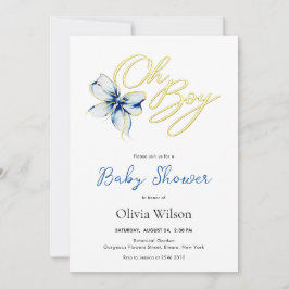 Convite Blue & Gold “Oh Boy” Floral Typography Baby Shower