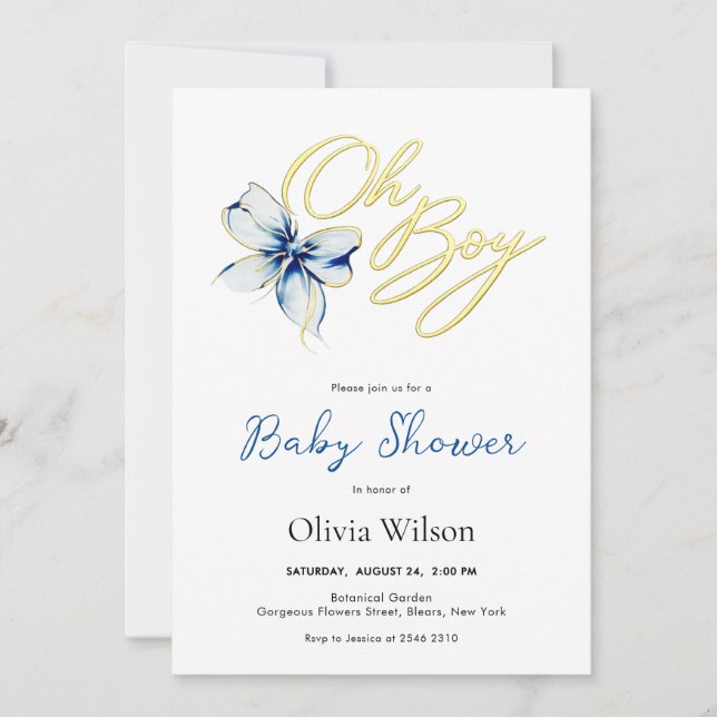 Convite Blue & Gold “Oh Boy” Floral Typography Baby Shower (Frente)