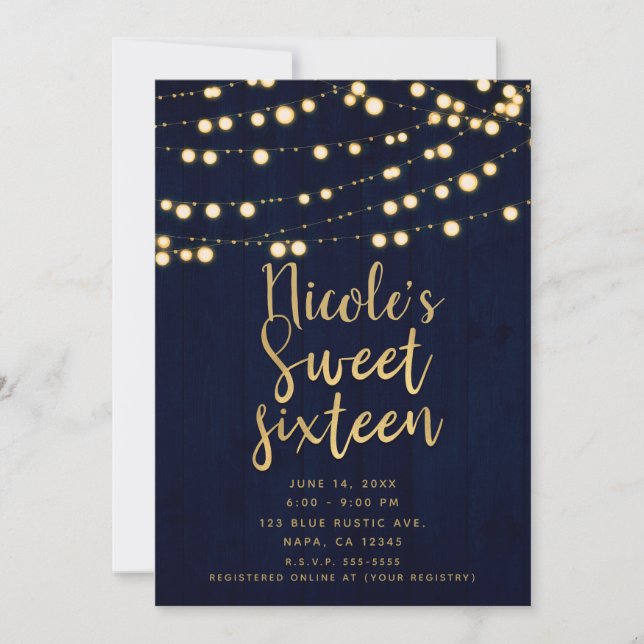 Convite Blue Gold Rustic Madeira & Luzes Sweet 16 (Frente)