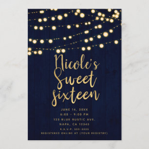 Convite Blue Gold Rustic Madeira & Luzes Sweet 16