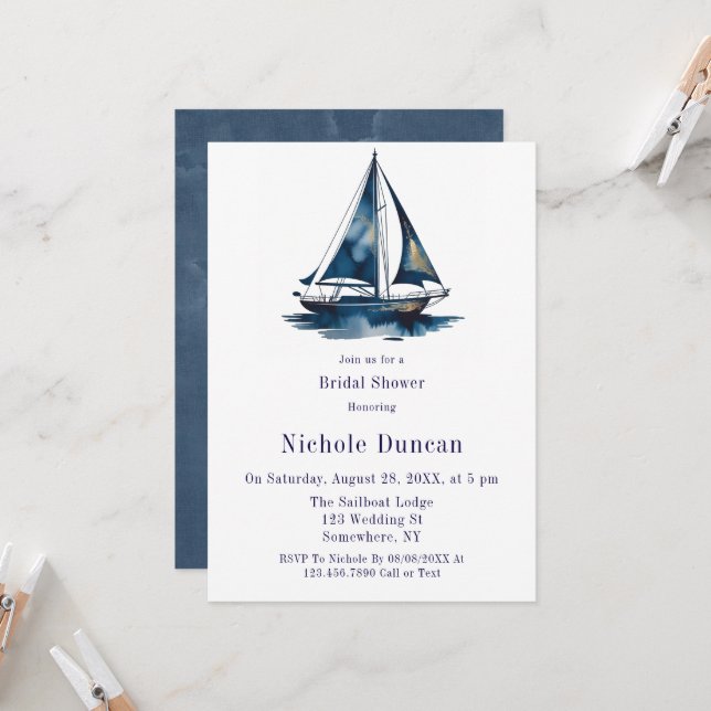 Convite Blue & Gold Sailboat Nautical Bridal Shower (Frente/Verso In Situ)