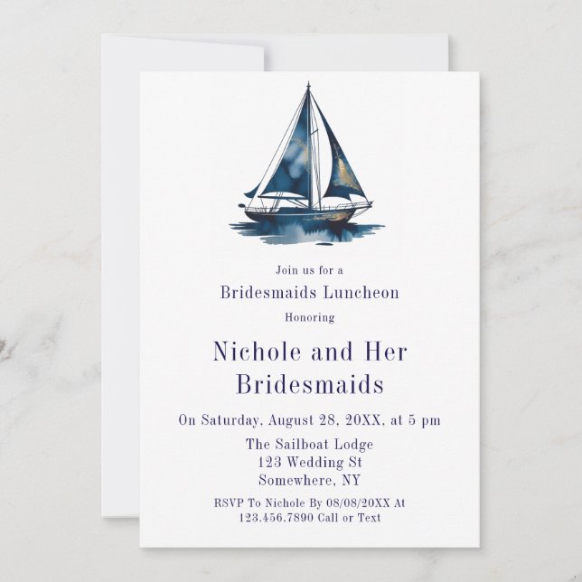 Convite Blue & Gold Sailboat Nautical Bridesmaids Luncheon (Frente)