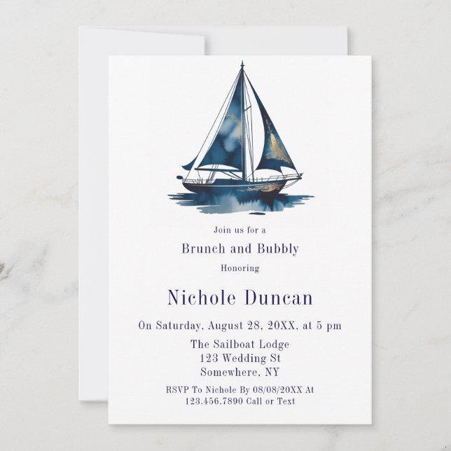 Convite Blue & Gold Sailboat Nautical Brunch and Bubbly (Frente)