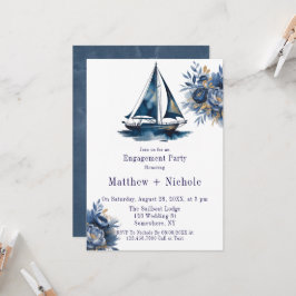 Convite Blue & Gold Sailboat Nautical Engagement Party