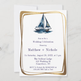 Convite Blue & Gold Sailboat Nautical Wedding Celebration 