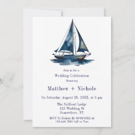 Convite Blue & Gold Sailboat Nautical Wedding Celebration 