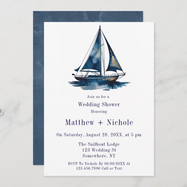 Convite Blue & Gold Sailboat Nautical Wedding Shower (Frente/Verso)