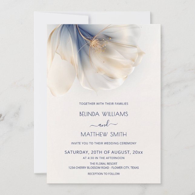 Convite Blue Gold Smoky Watercolor Flower Wedding (Frente)