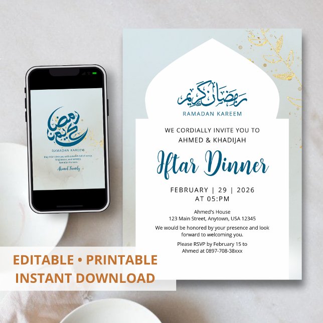 Convite Blue Gold Sparkle Iftar Dinner Invitation (Criador carregado)