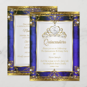 Convite Blue Gold White Pearl Princesa Quinceanera