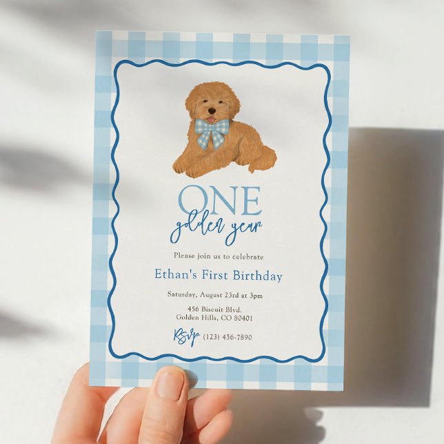 Convite Blue Golden Doodle Golden Year First Birthday (Criador carregado)