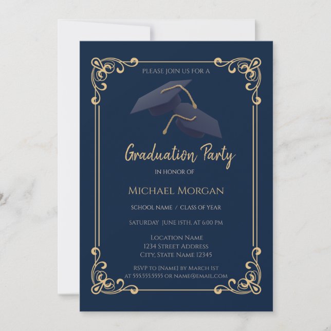 Convite Blue Grad Cap Frame Navy Blue Graduation (Frente)