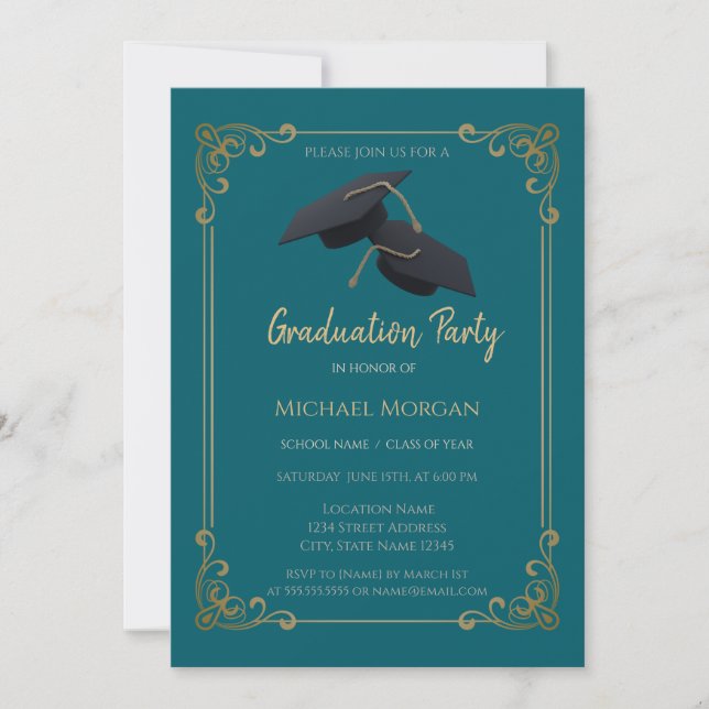 Convite Blue Grad Cap Frame Teal Graduation (Frente)