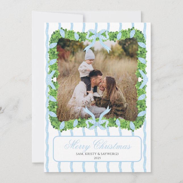 Convite Blue Grandmillennial Photo Christmas Card (Frente)