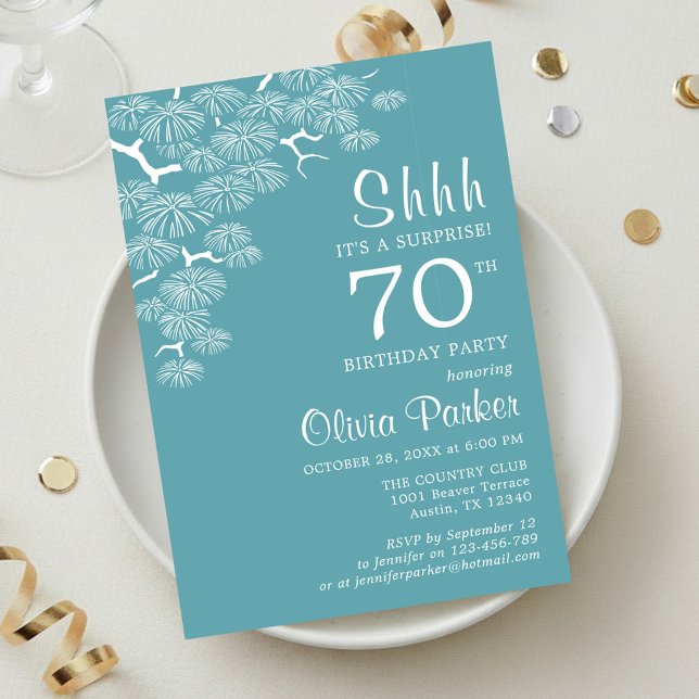 Convite Blue Green Aqua Pine Branch Surprise 70th Birthday (Criador carregado)