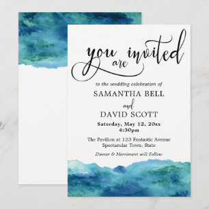 Convite Blue Green Aqua Watercolor Casamento Moderno 2b