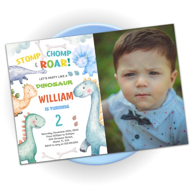 Convite Blue Green Dinossaur Birthday Invances w foto (Blue Green Dinosaur Birthday Invitations w photo)