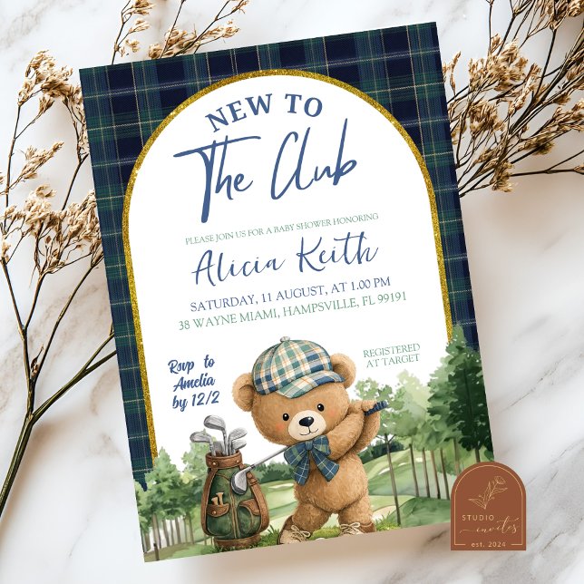 Convite Blue Green Preppy Golf Bear Baby Shower Invitation (Criador carregado)