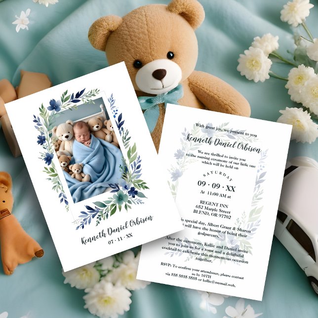 Convite Blue & Green Shades Floral Frame Naming Ceremony (Blue & Green Shades Floral Frame Effect with Photo Baby Naming Ceremony Invitation Card.)