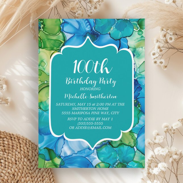 Convite Blue Green Teal Watercolor 100º aniversário (Blue and green alcohol ink 100th birthday party invitation)
