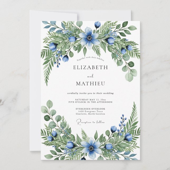 Convite Blue Green Verdant Botanical Wedding (Frente)