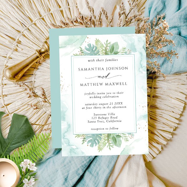 Convite Blue Green Watercolor e Greenery Wedding (Criador carregado)