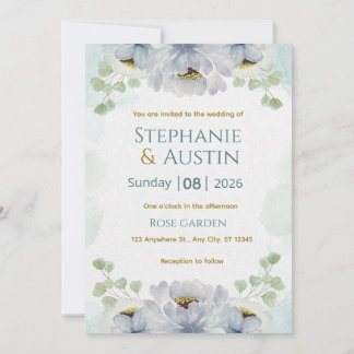 Convite Blue Green Watercolor Floral Wedding Invitation El