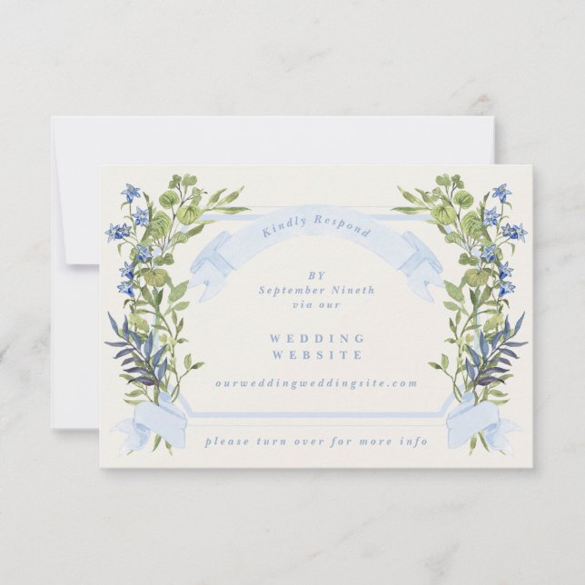 Convite blue greenery crest website QR CODE wedding RSVP (Frente)