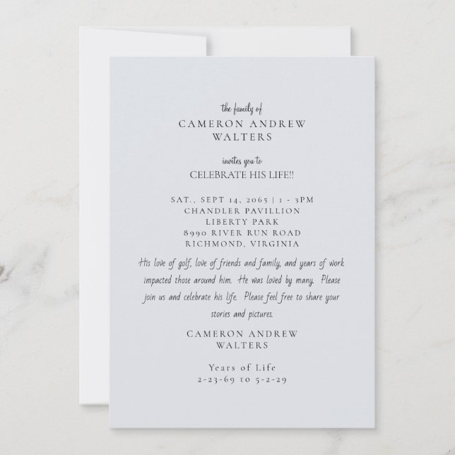 Convite Blue Grey Photo Celebration of Life (Frente)