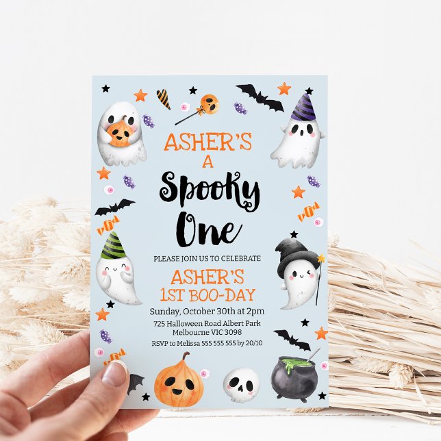 Convite Blue Halloween Spooky One primeiro aniversario (Blue Halloween Spooky One 1st Birthday Invitation Boy, Halloween First Birthday Invitation, Pastle)
