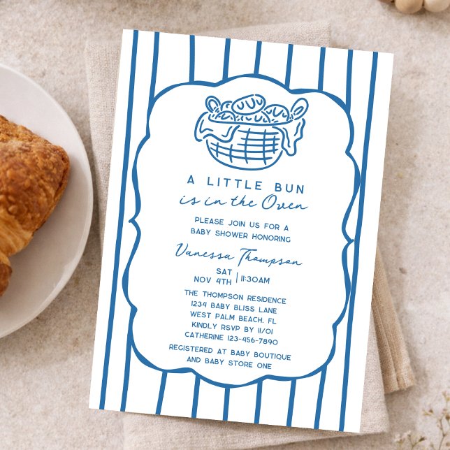 Convite Blue Hand Drawn Bun In The Oven Boy Baby Shower (Criador carregado)