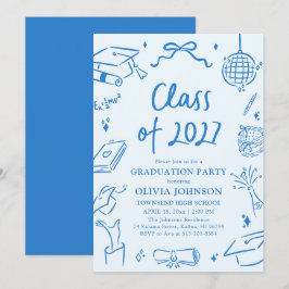 Convite Blue Hand Drawn Class of 2027 Graduation Party