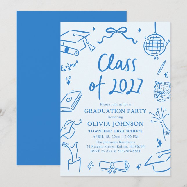 Convite Blue Hand Drawn Class of 2027 Graduation Party (Frente/Verso)