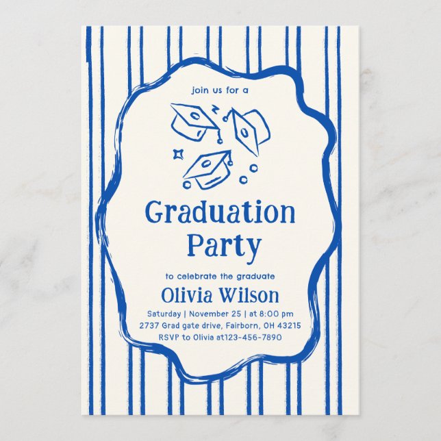 Convite Blue Hand Drawn Doodle Graduation Party (Frente)