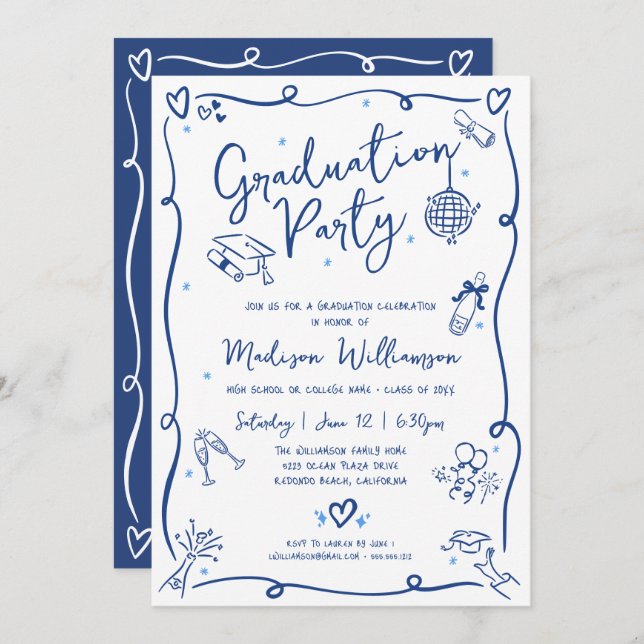 Convite Blue Hand Drawn Doodles Graduation Fun White Party (Frente/Verso)
