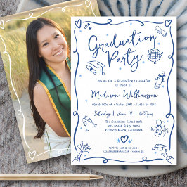 Convite Blue Hand Drawn Doodles Photo Graduation Party