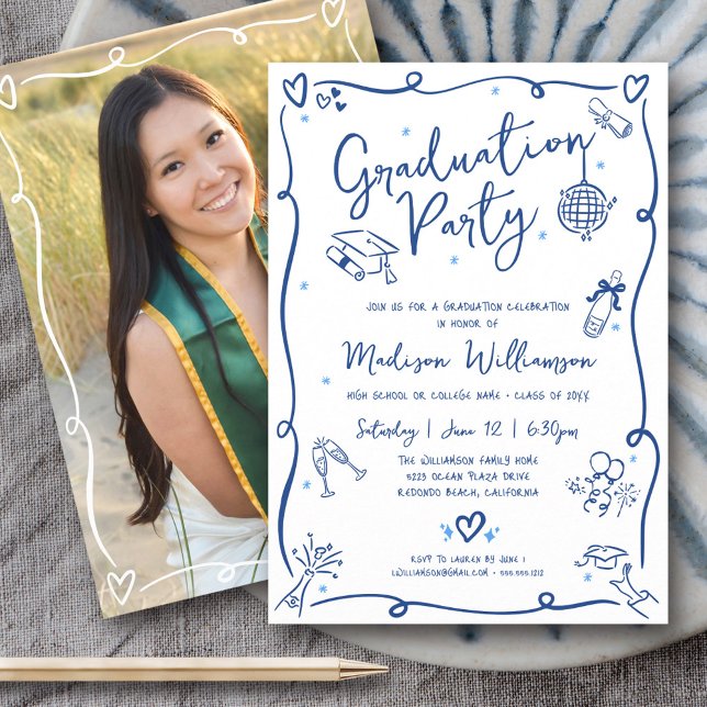 Convite Blue Hand Drawn Doodles Photo Graduation Party (Criador carregado)