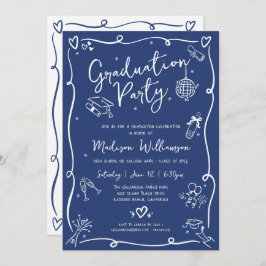 Convite Blue Hand Drawn Doodles Style Fun Graduation Party