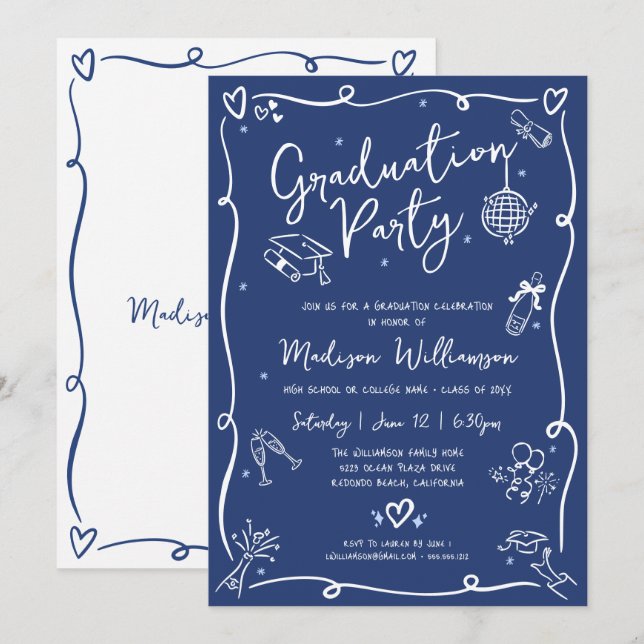 Convite Blue Hand Drawn Doodles Style Fun Graduation Party (Frente/Verso)
