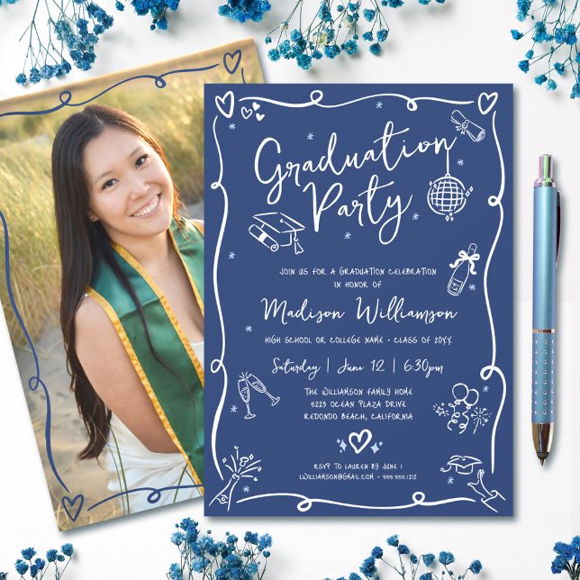 Convite Blue Hand Drawn Doodles Style Photo Graduate Party (Criador carregado)