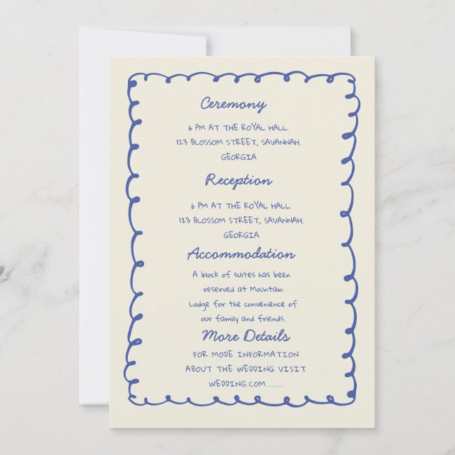 Convite Blue hand drawn heart Whimsical Wedding details (Frente)