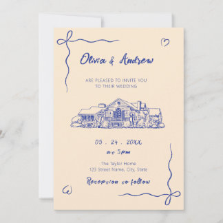 Convite Blue Hand Drawn Sketch Venue Wedding