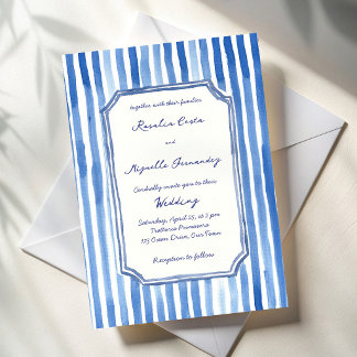 Convite Blue hand drawn vintage stripes wedding