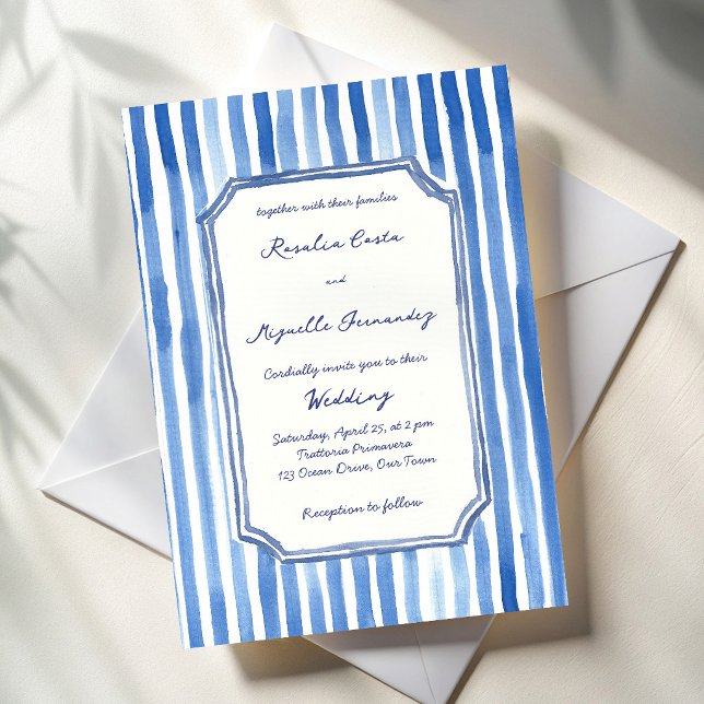 Convite Blue hand drawn vintage stripes wedding (Blue hand drawn stripes hand writing vintage wedding invitation cards template )
