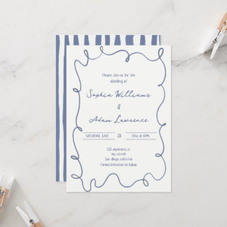 Convite Blue  Hand Written Pinstripes Whimsical Wedding